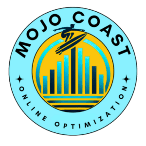 Mojo Coast Online Optimization logo, featuring a surfer riding a wave of blue bar graphs on a yellow circle, symbolizing digital growth and success.